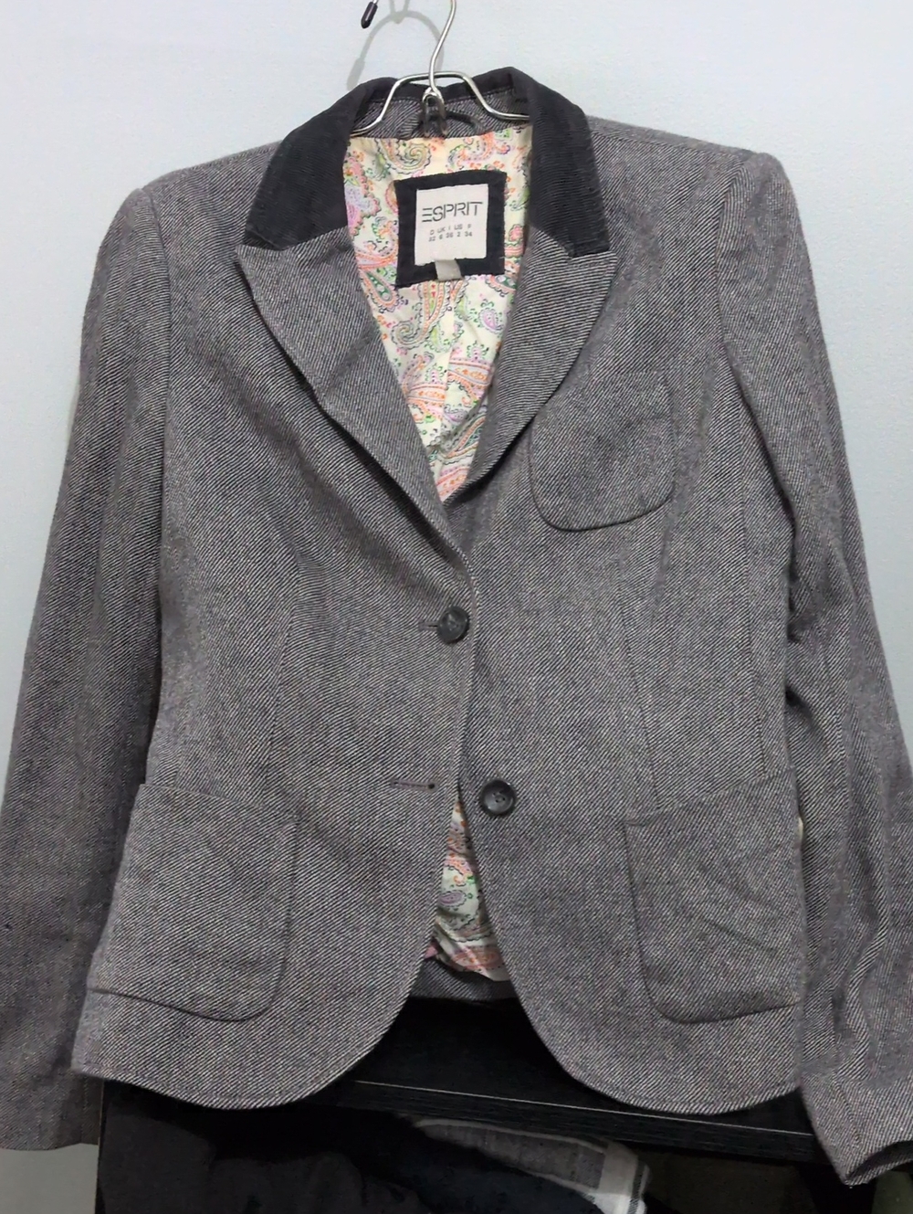 Esprit Gray Herringbone Blazer with Contrasting corduroy Gray Collar Size 2